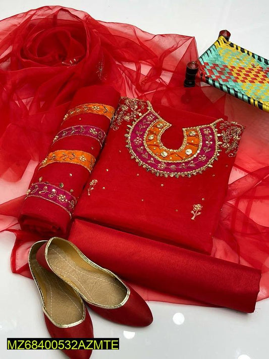 4 Pcs Women's Unstitched Organza Embroidered Suit